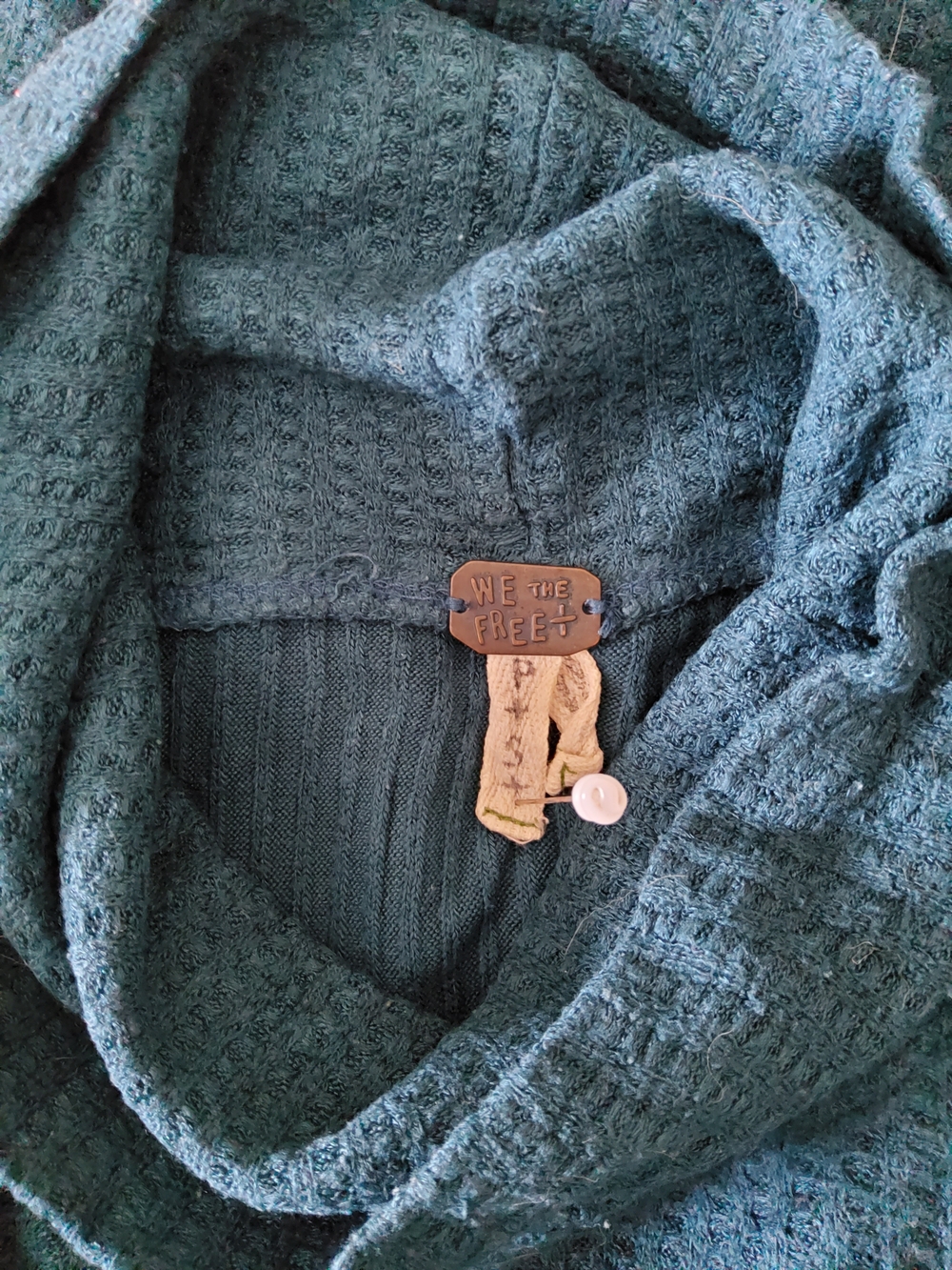 We The Free Teal Waffle Knit Cowl Neck Sweater. Size Small.